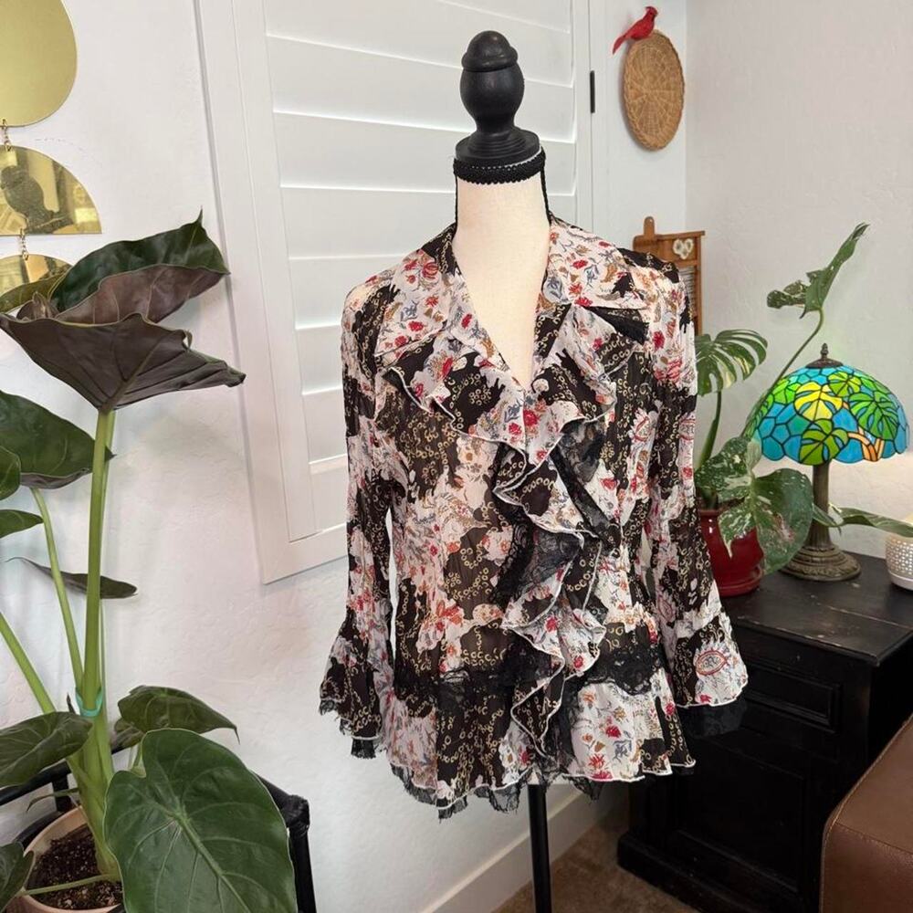 Violet & Claire Y2K Inspired Ruffle Lace Blouse Floral Print Bell Sleeve L